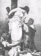 femme sur un bucher, un dominicain lui présente une croix